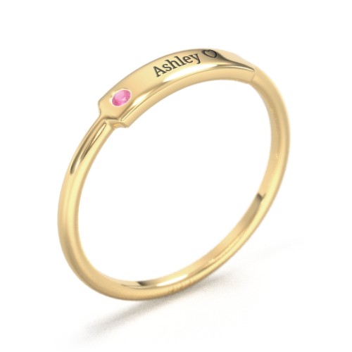 Engravable Bar Ring with Birthstone – 10K Yellow Gold with Ruby