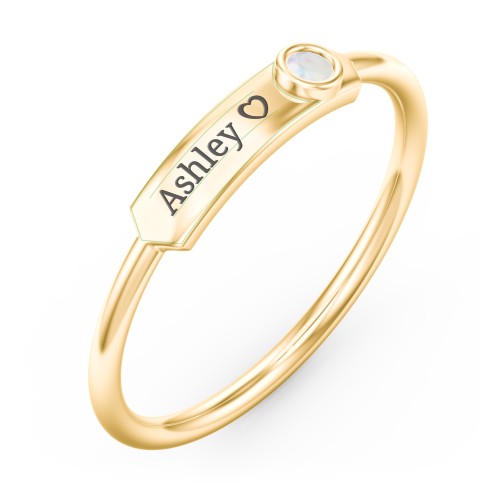 Engravable Bar Ring with Birthstone – 10K Yellow Gold with Opal