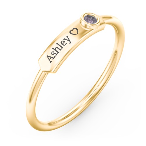 Engravable Bar Ring with Birthstone – 10K Yellow Gold with Alexandrite
