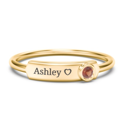 Engravable Bar Ring with Birthstone – 10K Yellow Gold with Garnet