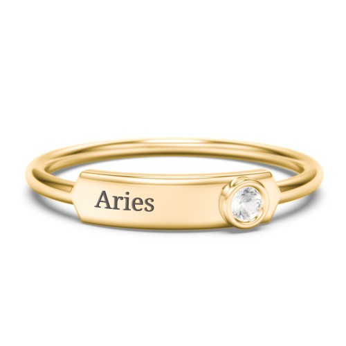 Engravable Bar Ring with Birthstone – 10K Yellow Gold with Cubic Zirconia