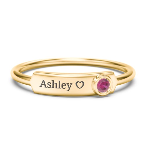 Engravable Bar Ring with Birthstone – 10K Yellow Gold with Ruby