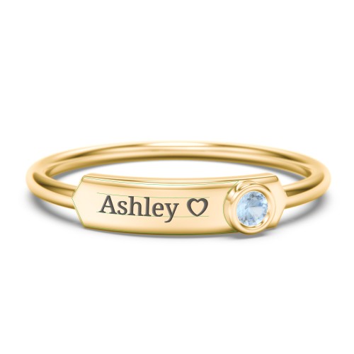 Engravable Bar Ring with Birthstone – 10K Yellow Gold with Blue Topaz