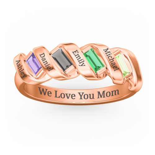 Spiral Baguette Ring – 10K Rose Gold with Amethyst, Smokey Quartz, Emerald, and Peridot