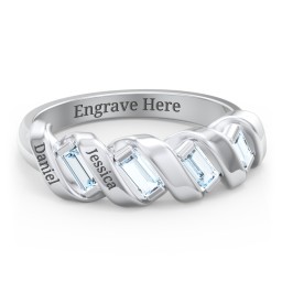 Spiral Baguette Ring in 925 Sterling Silver with Aquamarine and Blue Sapphire