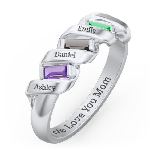 Spiral Baguette Ring – Sterling Silver with Amethyst, Smokey Quartz, and Emerald