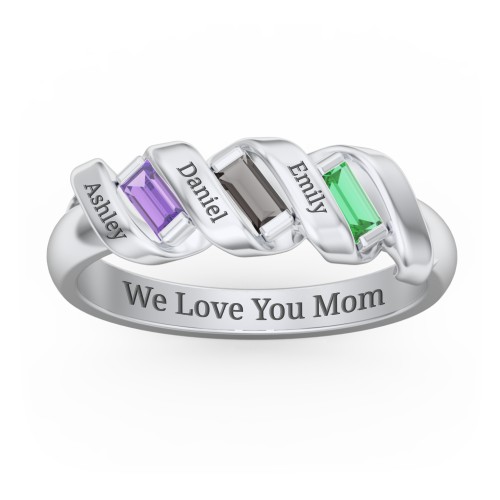 Spiral Baguette Ring – Sterling Silver with Amethyst, Smokey Quartz, and Emerald