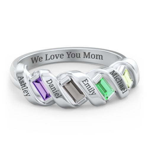 Spiral Baguette Ring – Sterling Silver with Amethyst, Smokey Quartz, Emerald, and Peridot