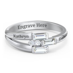 Engravable 3 Baguette Gemstone Ring with Accents in 925 Sterling Silver
