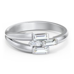 Engravable 3 Baguette Gemstone Ring with Accents – Sterling Silver with Cubic Zirconia and White Premium Zirconia