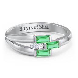 Engravable 3 Baguette Gemstone Ring with Accents in 925 Sterling Silver with Emerald and White Premium Zirconia