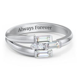 Engravable 3 Baguette Gemstone Ring with Accents in 925 Sterling Silver with Diamond