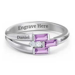 Engravable 3 Baguette Gemstone Ring with Accents in 925 Sterling Silver with Amethyst and White Premium Zirconia