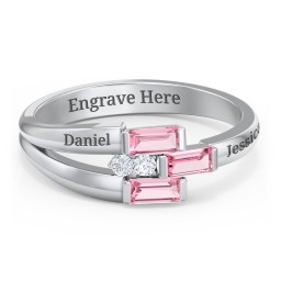 Engravable 3 Baguette Gemstone Ring with Accents in 925 Sterling Silver with Pink Tourmaline and White Premium Zirconia