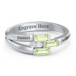Engravable 3 Baguette Gemstone Ring with Accents in 925 Sterling Silver with Peridot and White Premium Zirconia