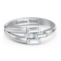 Engravable 3 Baguette Gemstone Ring with Accents in 925 Sterling Silver with Cubic Zirconia and White Premium Zirconia