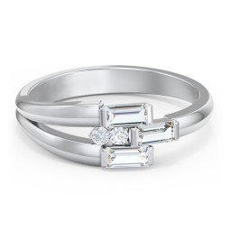 Engravable 3 Baguette Gemstone Ring with Accents in 925 Sterling Silver