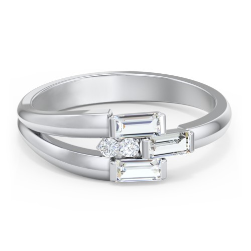Engravable 3 Baguette Gemstone Ring with Accents – Sterling Silver with Cubic Zirconia and White Premium Zirconia