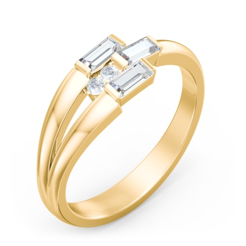 Engravable 3 Baguette Gemstone Ring with Accents – 10K Yellow Gold with Cubic Zirconia and White Premium Zirconia