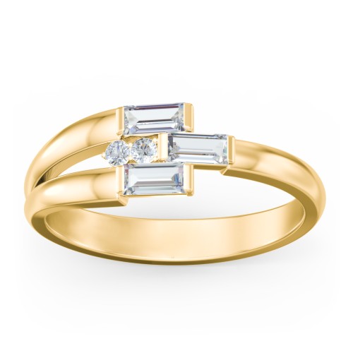 Engravable 3 Baguette Gemstone Ring with Accents – 10K Yellow Gold with Cubic Zirconia and White Premium Zirconia