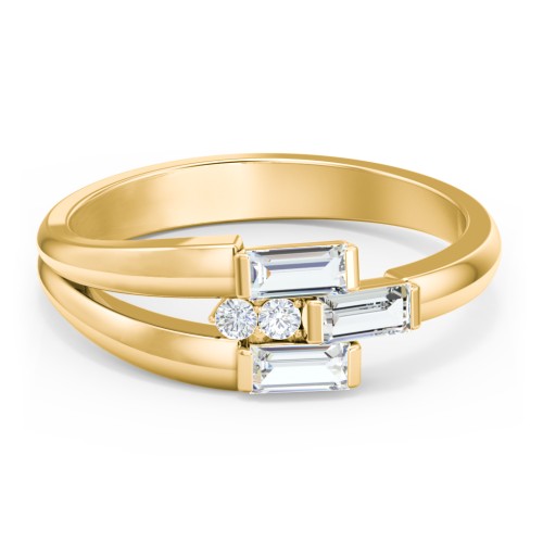 Engravable 3 Baguette Gemstone Ring with Accents – 10K Yellow Gold with Cubic Zirconia and White Premium Zirconia