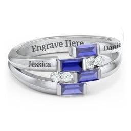 Engravable 4 Baguette Gemstone Ring with Accents