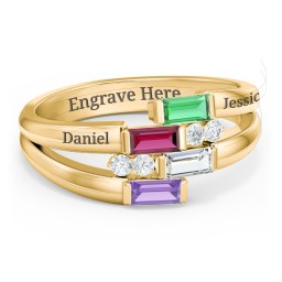 Engravable 4 Baguette Gemstone Ring with Accents in 10K Solid Yellow Gold with Emerald, Ruby, Cubic Zirconia, Amethyst, and White Premium Zirconia