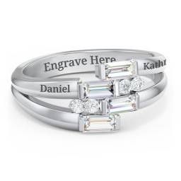 Engravable 4 Baguette Gemstone Ring with Accents in 925 Sterling Silver with Diamond