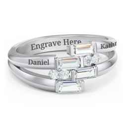 Engravable 4 Baguette Gemstone Ring with Accents in 925 Sterling Silver