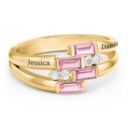Engravable 4 Baguette Gemstone Ring with Accents in 10K Solid Yellow Gold with Pink Tourmaline and White Premium Zirconia