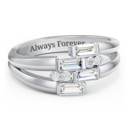 Engravable 4 Baguette Gemstone Ring with Accents in 925 Sterling Silver with Diamond