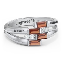 Engravable 4 Baguette Gemstone Ring with Accents in 925 Sterling Silver with Garnet and White Premium Zirconia