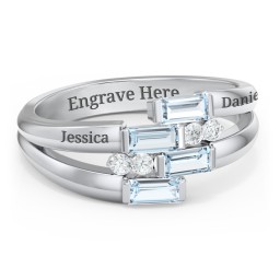 Engravable 4 Baguette Gemstone Ring with Accents in 925 Sterling Silver with Aquamarine and White Premium Zirconia