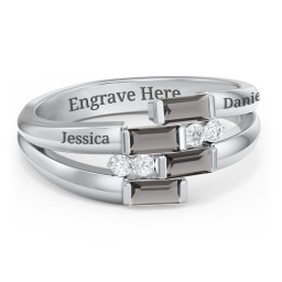 Engravable 4 Baguette Gemstone Ring with Accents in 925 Sterling Silver with Smokey Quartz and White Premium Zirconia