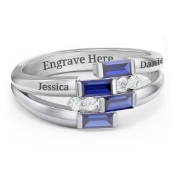Engravable 4 Baguette Gemstone Ring with Accents in 925 Sterling Silver with Blue Sapphire and White Premium Zirconia