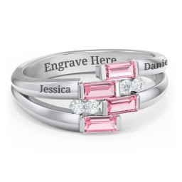 Engravable 4 Baguette Gemstone Ring with Accents in 925 Sterling Silver with Pink Tourmaline and White Premium Zirconia