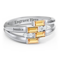 Engravable 4 Baguette Gemstone Ring with Accents in 925 Sterling Silver with Citrine and White Premium Zirconia