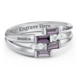 Engravable 4 Baguette Gemstone Ring with Accents in 925 Sterling Silver with Alexandrite and White Premium Zirconia