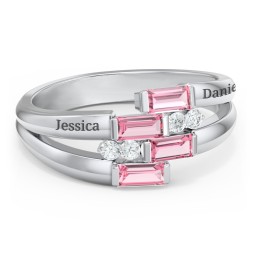 Engravable 4 Baguette Gemstone Ring with Accents in 925 Sterling Silver with Pink Tourmaline and White Premium Zirconia