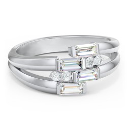 Engravable 4 Baguette Gemstone Ring with Accents in 925 Sterling Silver with Diamond