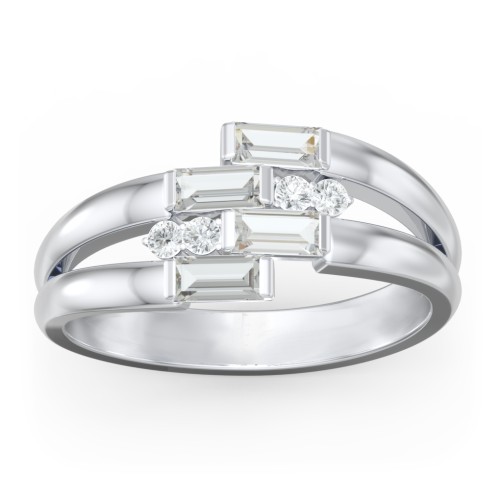 Engravable 4 Baguette Gemstone Ring with Accents – Sterling Silver with Cubic Zirconia and White Premium Zirconia