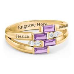 Engravable 4 Baguette Gemstone Ring with Accents in 10K Solid Yellow Gold with Amethyst and White Premium Zirconia