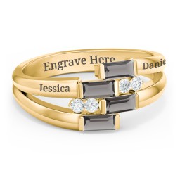 Engravable 4 Baguette Gemstone Ring with Accents in 10K Solid Yellow Gold with Smokey Quartz and White Premium Zirconia