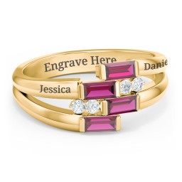 Engravable 4 Baguette Gemstone Ring with Accents in 10K Solid Yellow Gold with Ruby and White Premium Zirconia