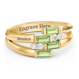 Engravable 4 Baguette Gemstone Ring with Accents in 10K Solid Yellow Gold with Peridot and White Premium Zirconia