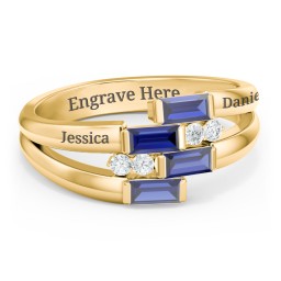 Engravable 4 Baguette Gemstone Ring with Accents in 10K Solid Yellow Gold with Blue Sapphire and White Premium Zirconia