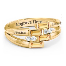 Engravable 4 Baguette Gemstone Ring with Accents in 10K Solid Yellow Gold with Citrine and White Premium Zirconia