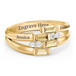 Engravable 4 Baguette Gemstone Ring with Accents in 10K Solid Yellow Gold with Citrine and White Premium Zirconia