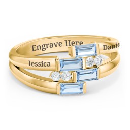 Engravable 4 Baguette Gemstone Ring with Accents in 10K Solid Yellow Gold with Blue Topaz and White Premium Zirconia