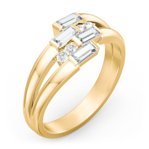 Engravable 4 Baguette Gemstone Ring with Accents – 10K Yellow Gold with Cubic Zirconia and White Premium Zirconia
